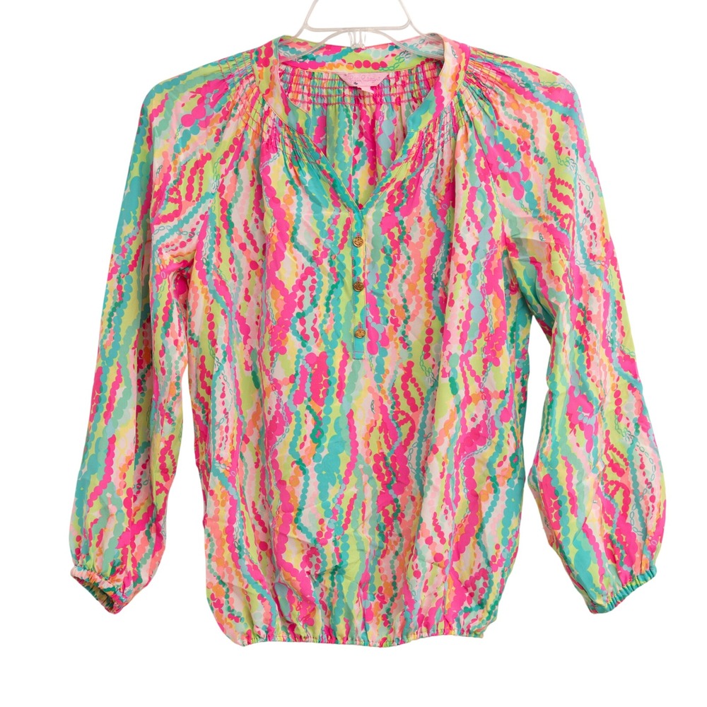 Lilly‎ Pulitzer Elsa Silk Top Sz S "Dripping in Jewels" Neon Colorful BarbieCore